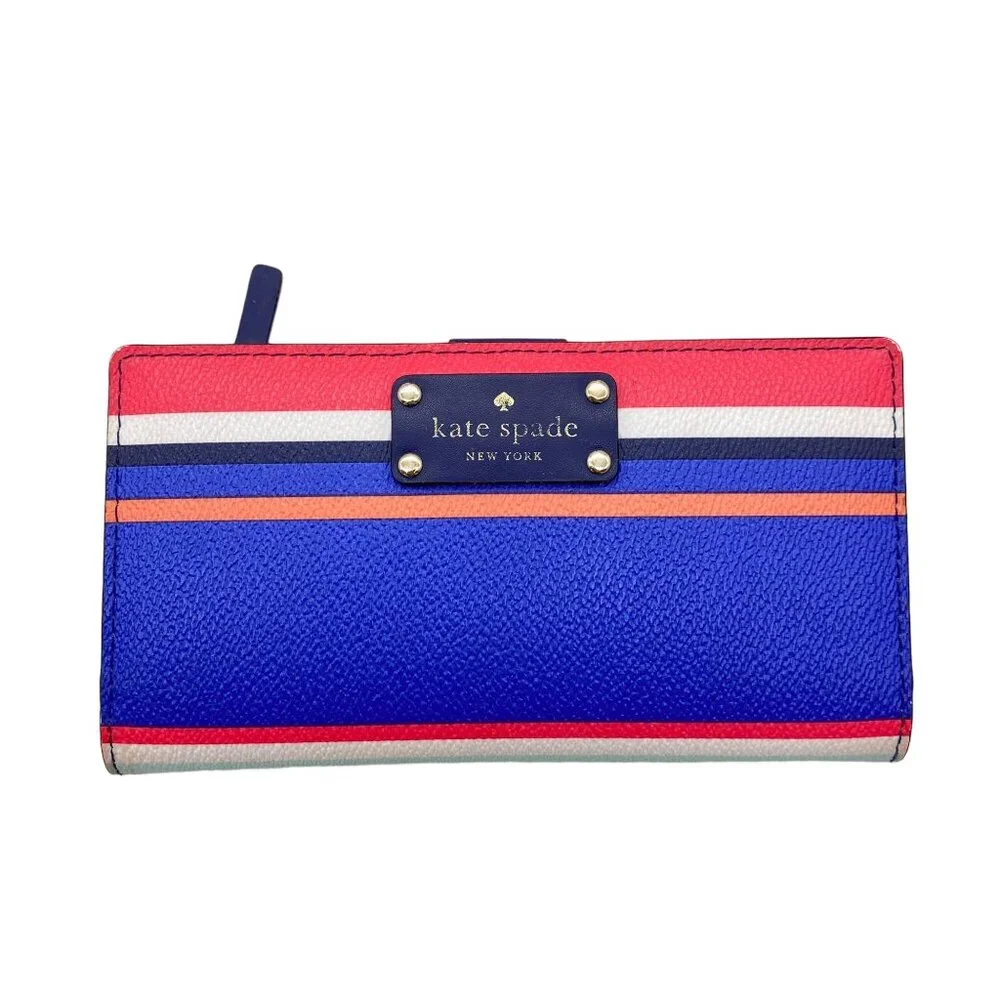 Kate Spade slim bi fold wallet Stripe blue pink button shut pocket book leather‎